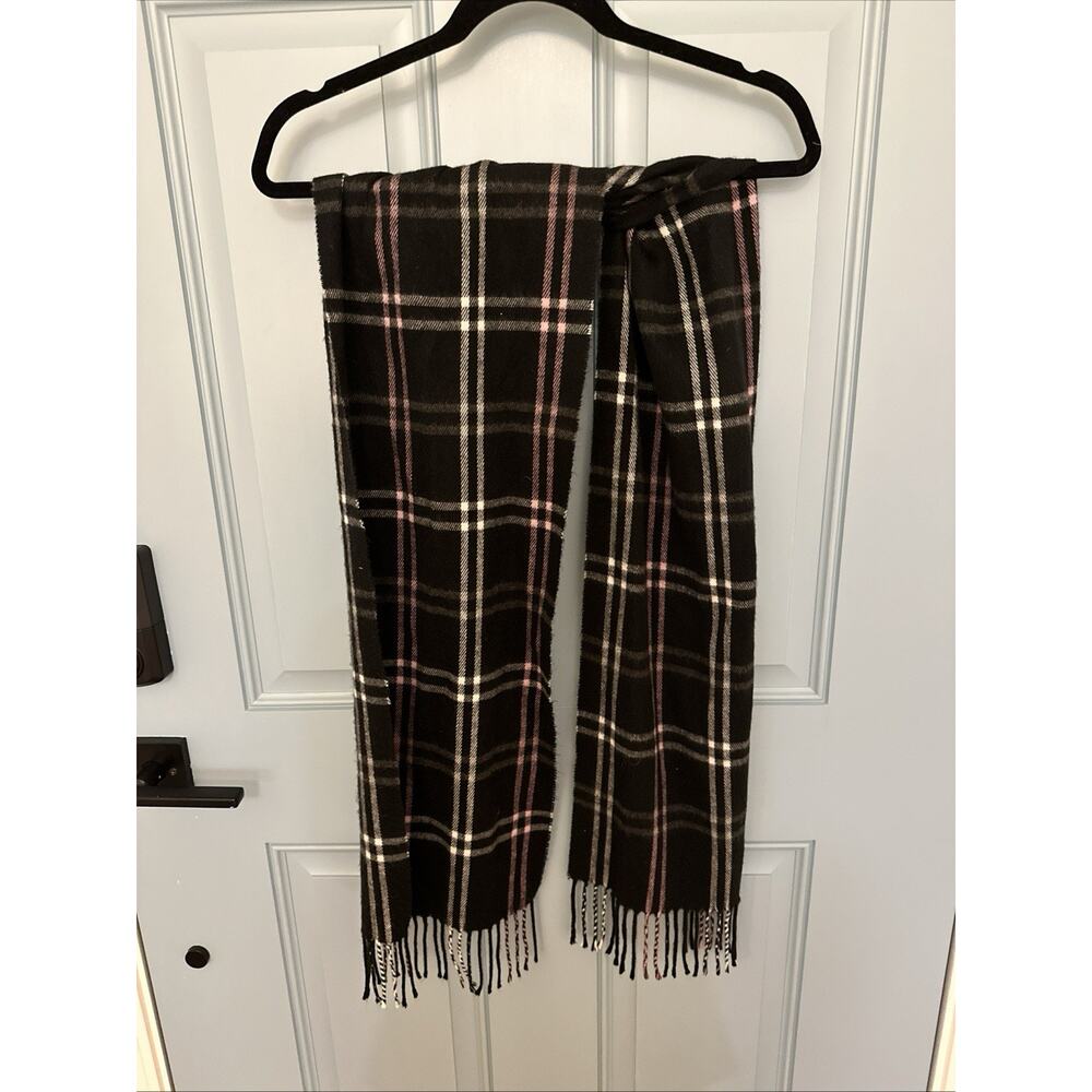 Cejon Plaid Scarf 70" x 11" Fringed Acrylic Made in Italy Black Pink White